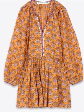 Alix of Bohemia Orange Floral Mini Dress Silk Cotton Boho Block Print Dress M